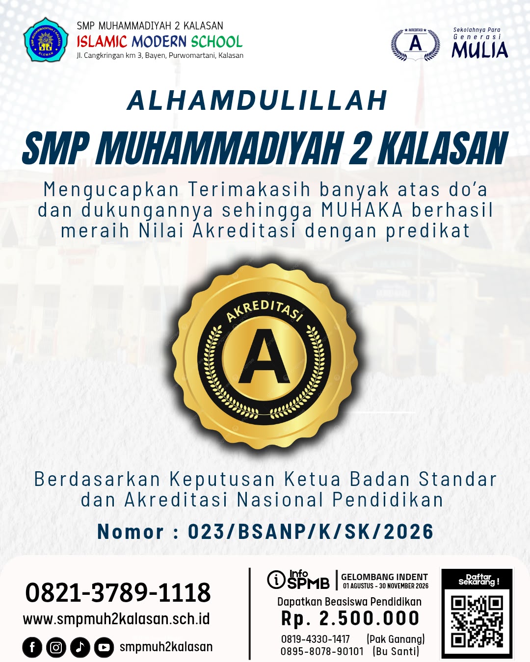 Pamflet Resmi Hasil Akreditasi A SMP Muhammadiyah 2 Kalasan