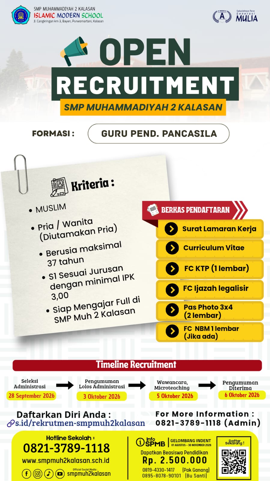 Poster Open Recruitment Guru Pendidikan Pancasila SMP Muhammadiyah 2 Kalasan