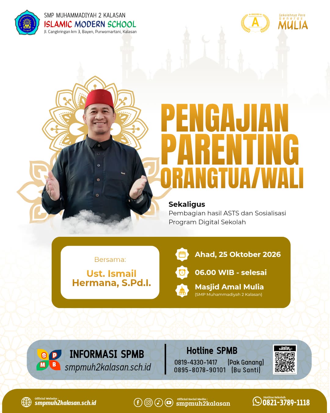 Pamflet Resmi Pengajian Parenting dan Sosialisasi Program Digital SMP Muhammadiyah 2 Kalasan