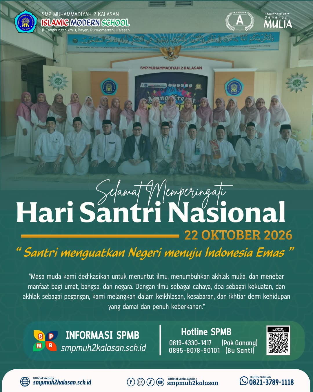 Poster Peringatan Hari Santri Nasional 2026 SMP Muhammadiyah 2 Kalasan